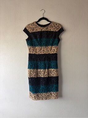 Ann Taylor Striped Lace Sheath Dress in Teal, Black & Beige